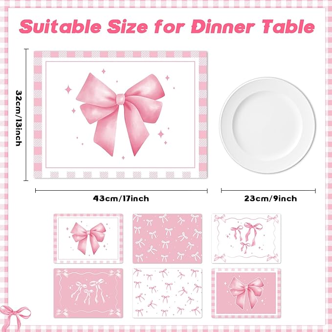 Pink Bow Plastic Place Set of 6 Cute Coquette Butterfly Bowknot Dinner Table Mats Pink Ribbon Bow Mats Wedding Baby Shower Birthday Table Decoration for Indoor Outdoor Party Kitchen Dining-Ruum Studio Home