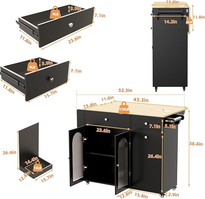 Kitchen Island with Drop Leaf & Power Outlet, Rolling Kitchen Island on Wheels with Trash Can Storage, Island Table Bar Cart with Spice Rack, Towel Rack, Drawers, Mobile Kitchen Carts on Wheels-Ruum Studio Home