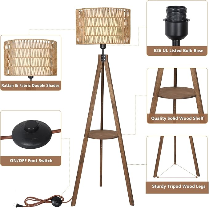 Boho Tripod Floor Lamps for Living Room, Rattan Wood Floor Lamp with Fabric Shades, Mid Century Standing Lamp with Shelf, Foot Switch, Modern Farmhouse Tall Lamps for Bedroom Office Brown-Ruum Studio Home
