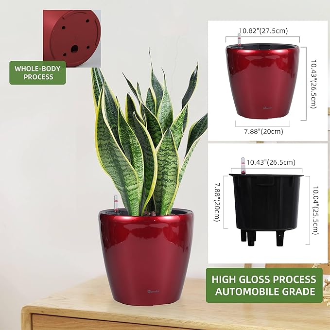 Dexceder 11x10 Inches High Gloss Self Watering Planter Indoor Outdoor, Inner Pot Design, Thickened Table Flower Plant Pot with Water Level Indicator (Red)-Ruum Studio Home