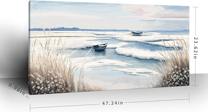 amatop Large Canvas Art Wall Decor for Bedroom Living Room –Rustic Coastal Ocean Artwork for Walls with Sailboat and Waves – Blue and White Nautical Beach Seascape Canvas Print 48x24 Inch-Ruum Studio Home