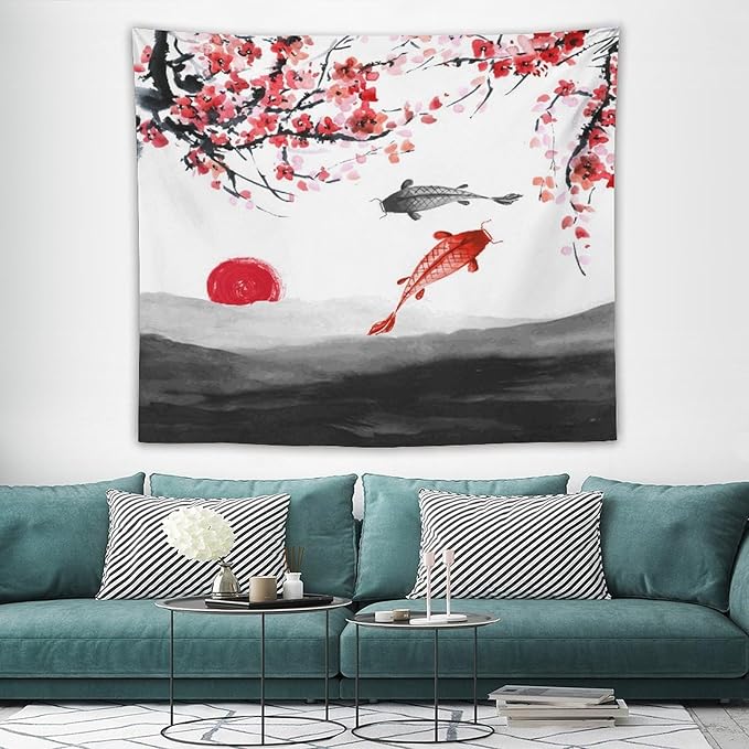 Houselerax Japanese Koi Fish Tapestries, Cherry Blossoms Asian Oriental Flower Branch Koi Fish Carp Tapestry Wall Hanging for Bedroom Living Room Office Decor 60"x50"-Ruum Studio Home