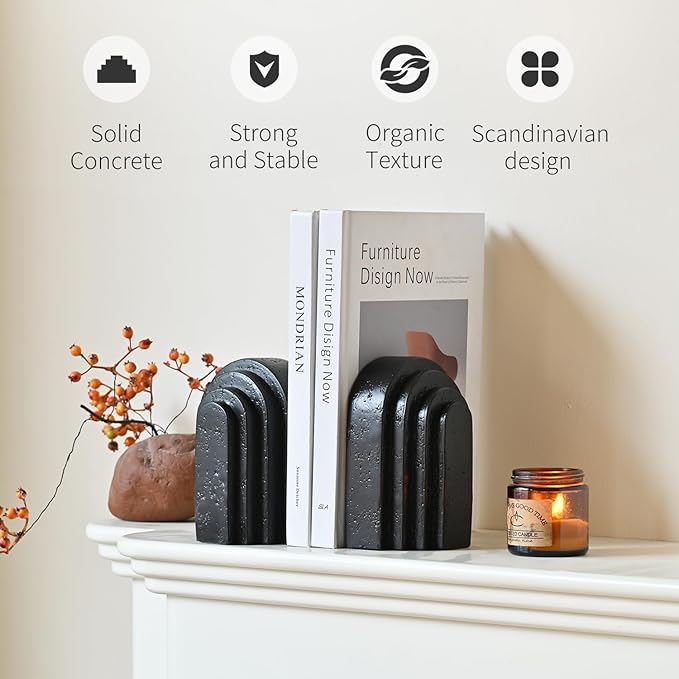 Decorative Bookends for Shelves, Set of 2 Book Ends for Heavy Books, Layered Arch Design Black Bookend-Ruum Studio Home