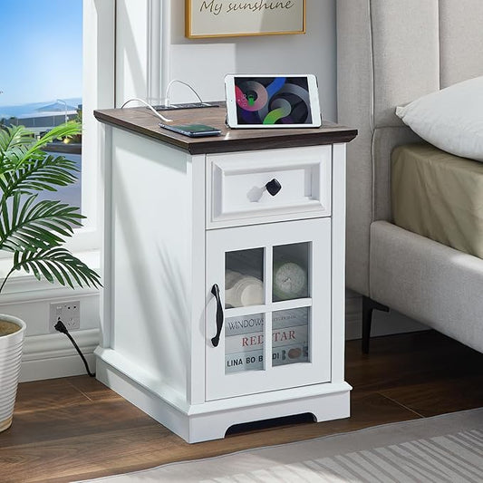 Farmhouse XXL End Table with Charging Station, Side Table with USB Ports and Outlets, Nightstand with Drawer and Glass Door Storage, White Bedside Tables for Living Room, Bedroom, Office-Ruum Studio Home