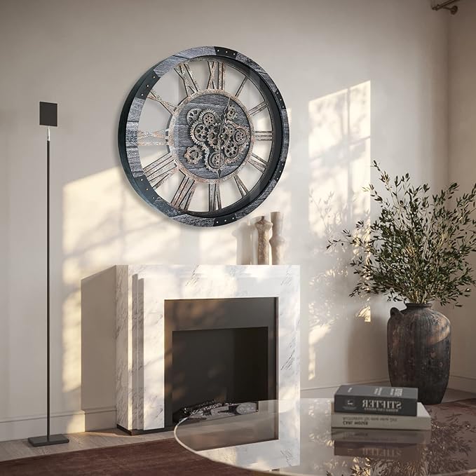 30 Inch Industrial Steampunk Wall Clock, Gray, Battery Operated, Real Rotating Gears, Solid Wood Frame, Oversized Wall Clock for Living Room Decor-Ruum Studio Home
