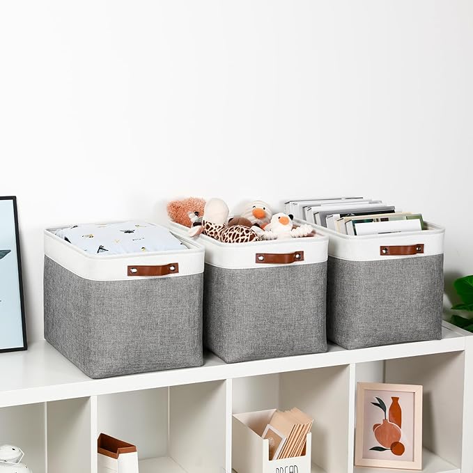DULLEMELO Large Storage Baskets, Fabric Storage Basket with Leather Handles for Shelves Closet Nursery Toy Storage, Collapsible Fabric Baskets for Toy Book Magazine Towel Organizers(White&Gray)-Ruum Studio Home