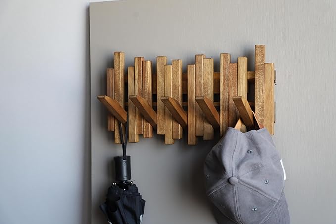 Natural Wood Wall Mounted Piano Coat Rack| Coat Rack Wall Mount| Flip Down Wall Hook Rack 5 Hooks| Entryway Wall Art Hook,Made of Acacia Wood (Wood Wax Oil staining Light Brown).-Ruum Studio Home