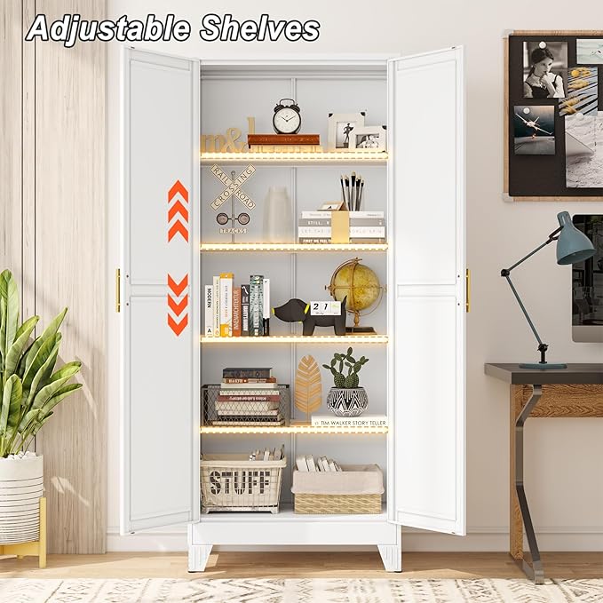 Metal Pantry Cabinet with 2 Doors and Adjustable Shelves - 71" Kitchen Storage Cabinet with Gold Handles - Versatile Storage for Kitchen, Bathroom, Dining Room, Utility Room - White-Ruum Studio Home