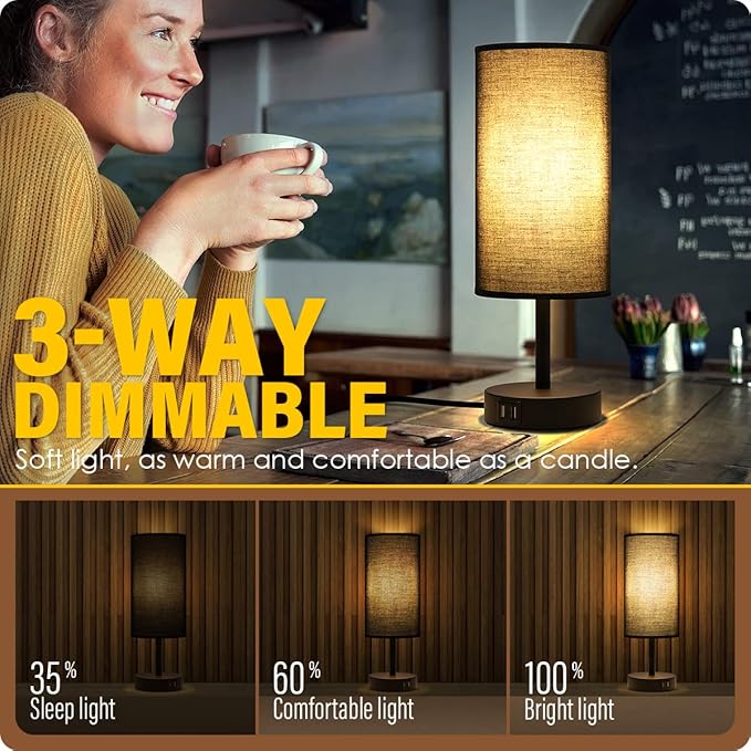 Yarra-Decor Bedside Lamp with USB Port - Touch Control Table Lamp for Bedroom 3 Way Dimmable Nightstand Lamp with Round Black Fabric Shade for Living Room, Dorm, Home Office (LED Bulb Included)-Ruum Studio Home