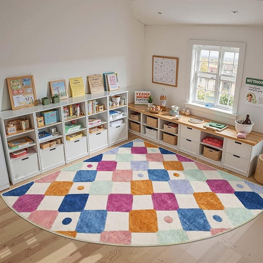 jinchan Kids Rug for Classroom 8ft Radius Corner Washable Area Rug Modern Colorful Quarter Circle Rug Soft Non-Slip Carpet for Nursery Playroom Daycare Reading Nook Living Room Berries on Cream-Ruum Studio Home