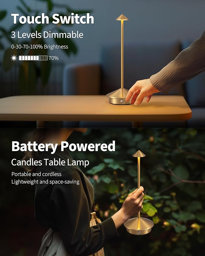 Modern Cordless Table Lamp Set of 2, Portable LED Desk Lamps, 5000mAh Rechargeable Battery Operated Lighting for Bedroom Dining Room Restaurant Coffee Shop Camping Night Light (Gold)-Ruum Studio Home
