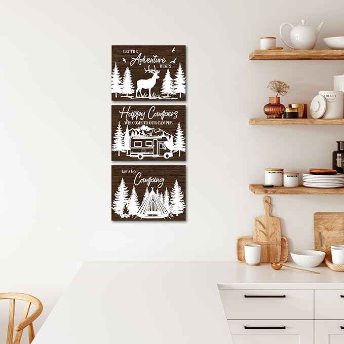 HOMEOART Camper Decor RV Wall Art Happy Campers Adventure Camping Wall Decor Sign, Deer in Forest Farmhouse Cabin Decoration,Framed 12x16inchx3Piece, Rustic Brown-Ruum Studio Home