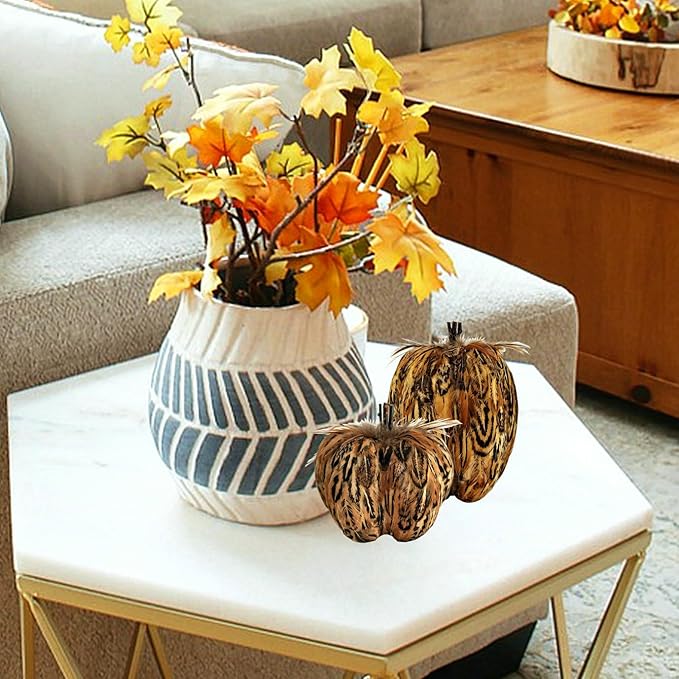 naturevibe 7.5/5.5 Inches Elegant Feathered Pumpkin Decor,Set of 2 Thanksgiving Decorations Natural Feather Pumpkins as Fall Home Decor,Centerpieces for Tables or Autumn Harvest Gifts-Ruum Studio Home
