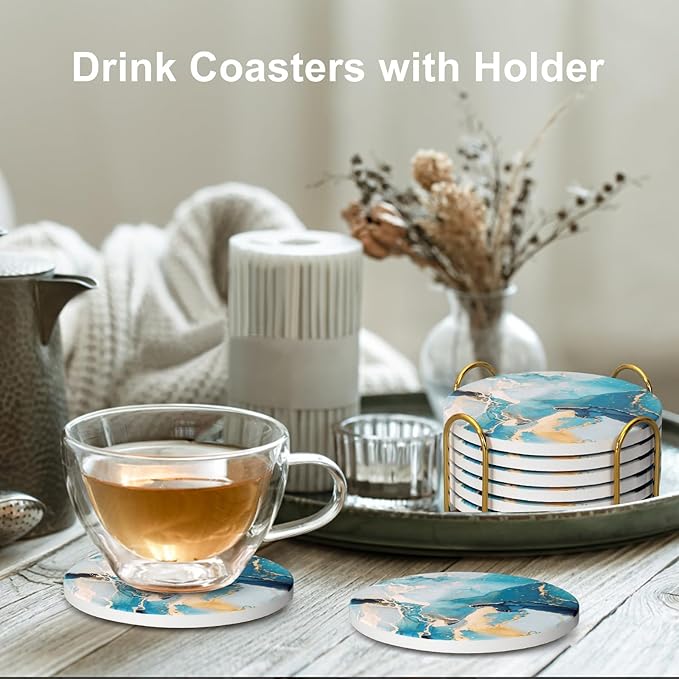 6 Pcs Light Blue Marble Abstract Ceramic Coasters with Holder Best Round Drink Absorbent Coasters for Desk, Lounge, Coffee, Wine, Beverage, Dining Table Decor, Bar Coaster Set-Ruum Studio Home