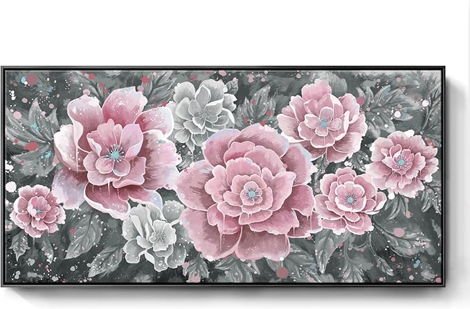 Large Pink Wall Art for Living Room- Pink and Black Peony Floral Canvas Wall Art Modern Framed Moody Black and White Wall Picture Flower Artwork Decor for Bedroom Dining Room Office 48x24-Ruum Studio Home
