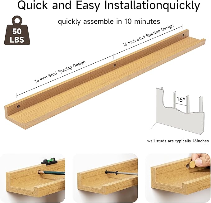 Fun Memories Picture Ledge Shelf, 36 Inch Floating Shelves Set of 2, Nursery Book Shelves for Toys Storage, Kids Bookshelf Wall Mounted for Wall Decor Books Photo Frames, Oak-Ruum Studio Home