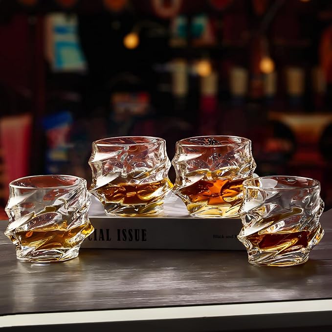 12 oz Hand Blown Crystal Whiskey Glasses Set of 4, Unique Cognac Glass, Heavy Thick Bottom Bar Glass for Scotch Bourbon Rum Gin Water Cocktail,Gifts Men Gifts Ideas-Ruum Studio Home
