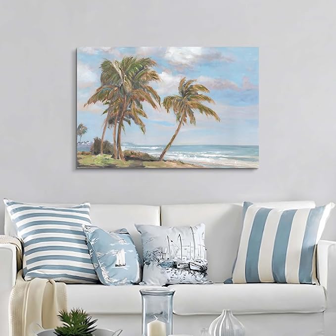 cozy country Palm Tree Wall Art 36"x24" - Coastal Pictures Beach Canvas Ocean Decor - Nautical Artwork Seascape Hand Painting for Bedroom, Sea House-Ruum Studio Home