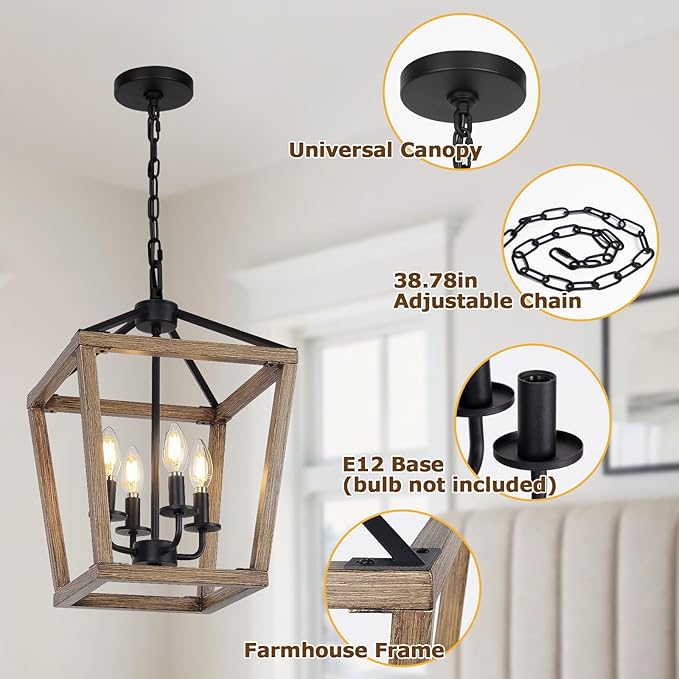 4 Light Farmhouse Chandelier, Rustic Ceiling Light Lantern Light Fixture with Wood Painted Metal Cage and Adjustable Chain, E12 Base Geometric Hanging Light Fixture for Entryway, Kitchen, Indoor-Ruum Studio Home