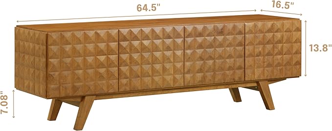 NTC Sapa Mid-Century Modern Solid Wood TV Stand 4-Door Media Console with Carved Geometric Fronts for TVs up to 75", Effortless Assembly, Teak Look-Ruum Studio Home