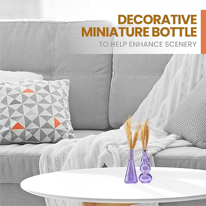 Small Mini Purple Vintage Glass Bottles with Corks, Mini Vases, Decorative Glass Bottle, Potion Bottles, Assorted Design Set of 12 pcs, 4.6 Inch Tall (11.43cm), 1.4 Inch Wide (3.56cm)-Ruum Studio Home