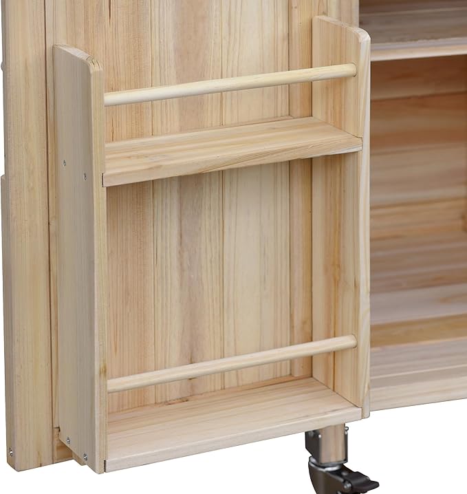 Outdoor Grill Table with Stainless Steel Top, Farmhouse Solid Wood Kitchen Island Cart with Internal Storage Rack, Outdoor Bar Cart with Storage Cabinet, Spice & Towel Rack, Natural-Ruum Studio Home