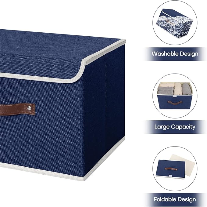 ANMINY 4PCS Storage Bins with Lid PU Leather Handles Storage Boxes PP Plastic Board Decorative Foldable Lidded Cotton Linen Fabric Home Cubes Baskets Closet Organizer Containers - Blue, Large Size-Ruum Studio Home