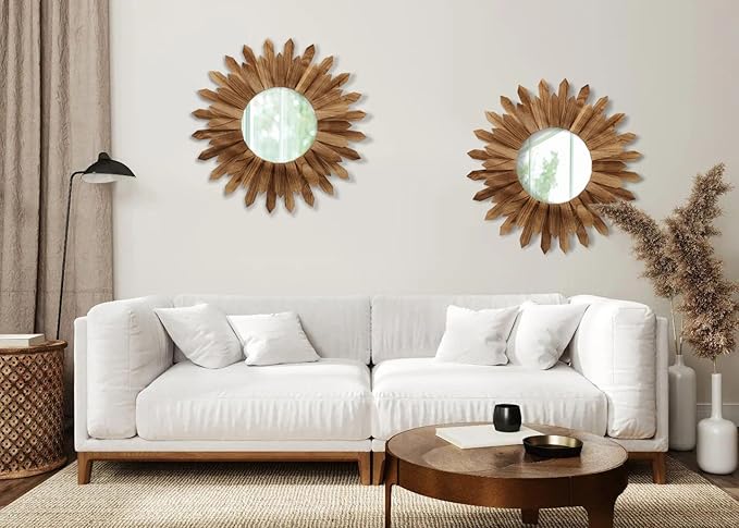 LOSOUR 2 Pack 22 Inch Boho Wall Sunburst Mirror Rustic Round Wood Decorative Mirror Boho Wall Art Decor for Entryway Bedroom Living Room-Ruum Studio Home