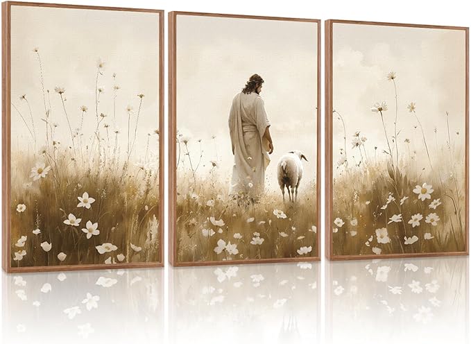 KAIRNE Jesus Framed Canvas Wall Art,Lost Sheep Wall Decor Set of 3(16”X24”),Holy Christian Art Print,Religious Scripture Pictures,Bible Renaissance Wall Painting for Living Room,Bedroom,Church Decor-Ruum Studio Home