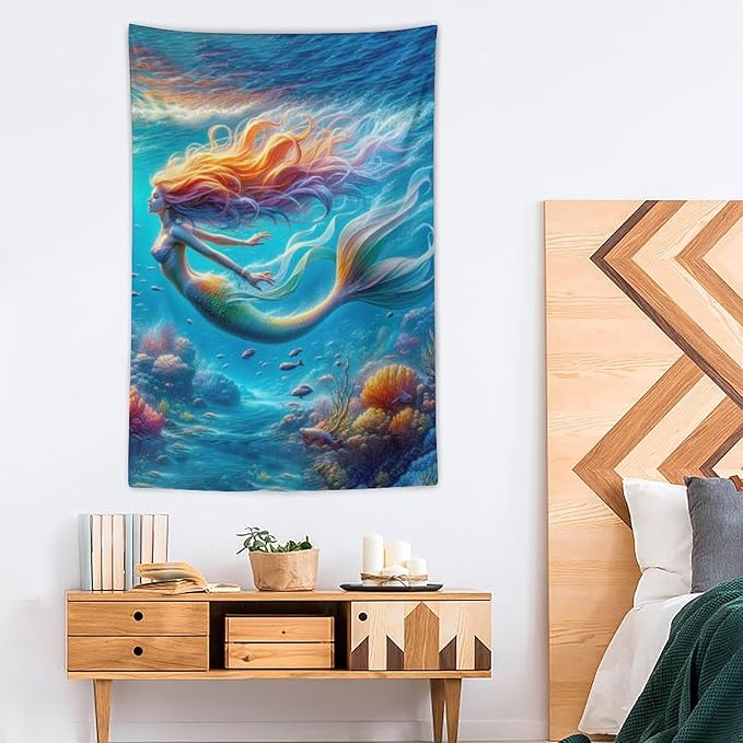 Mermaid Tapestry Ocean Tapestries Coastal Fabric Wall Hanging Aesthetic Space Indoor Outdoor Wall Art Tablecloth Bedspread Decoration for Girl’s Bedroom Dormitory Living Room Home Decor 40"x60"-Ruum Studio Home