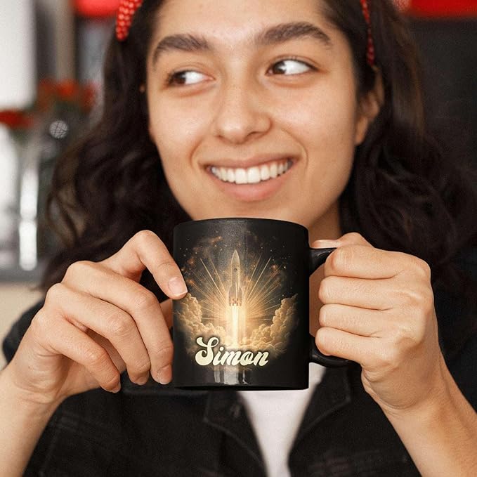 Sci-Fi Inspired Ceramic Mug for Men, Custom Name Coffee Mug 11oz or 15oz, Personalized Rocket Enthusiast Black Cup, Custom Vibrant Rocket Coffee Cup, Gifts for Astronaut Fans-Ruum Studio Home