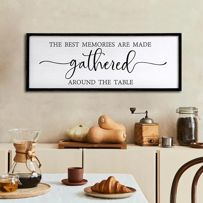 The Best Memories are Made Gathered Around The Table Sign Framed Wall Art, 32''×12'' Rustic Horizontal Plaque with Black Frame for Dinning Living Room, Farmhouse Long Home Family Wood Sign Wall Decor-Ruum Studio Home