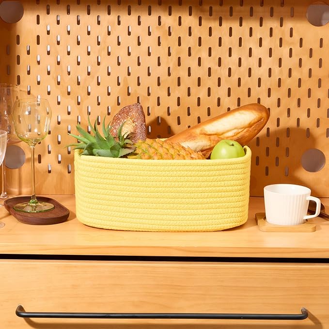 Small Storage Baskets for Organizing | Closet Organizer Bins | Shelf Toy Basket | Woven Rope Baskets | Cube Decorative Box | Shallow Basket | 13x8.5x5.1” | 3 Packs Yellow-Ruum Studio Home