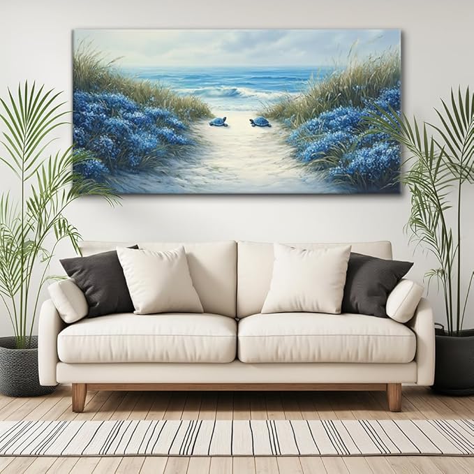 LASMOND Romantic Beach Wall Art for Living Room Blue Sea Turtle Lovers Canvas Painting Prints Ocean Sandy Romance Flowers Large Bedroom Office Decor Artwork (58x28 Inches)-Ruum Studio Home
