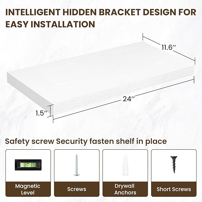 24 Inch Floating Shelves, 12 Inch Deep Floating Shelves for Wall, Floating Shelf with Invisible Brackets, Deep Shelves for Bathroom, Bedroom, Living Room, 2 Pack, White-Ruum Studio Home