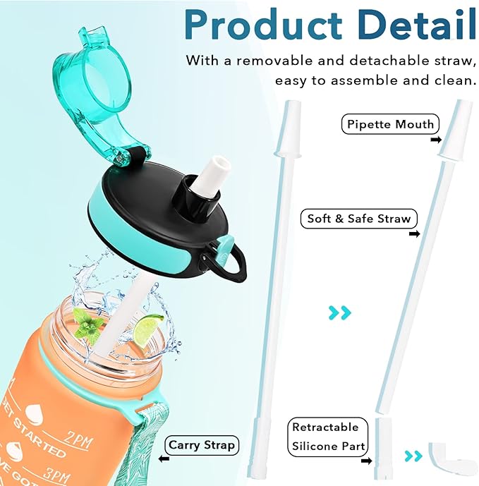 Enerbone Water Bottle, Leakproof BPA & Toxic Free, Motivational Water Bottle with Times to Drink and Straw, Fitness Sports Water Bottle with Strap for Office, Gym, Outdoor Sports-Ruum Studio Home