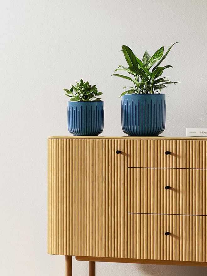 LE TAUCI Fluted Ceramic Planters Set of 3 – 8.3/7 / 5.7 in Ocean Blue Reactive Cylinder Indoor Plant Pots with Drainage Plug & Mesh, Glossy Stoneware Flower Pots for Succulents Herbs-Ruum Studio Home