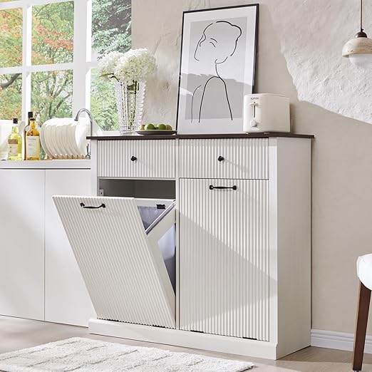 Modern Double Tilt-Out Trash Cabinet, 20 Gallon Fluted Laundry Hamper Cabinet w/2 Drawers, Wooden Hidden Garbage Can Cabinets with Storage Basket,Free Standing for Kitchen & Living Room, White-Ruum Studio Home