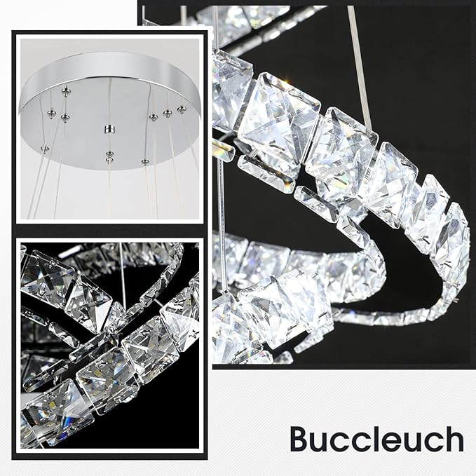Buccleuch Modern Crystal Chandelier, Dimmable LED Pendant Light Fixture 3-Ring Adjustable Stainless Steel Ceiling Light, Silver Crystal Chandeliers for Dining Room, Bedroom, Living Room - ETL Listed-Ruum Studio Home