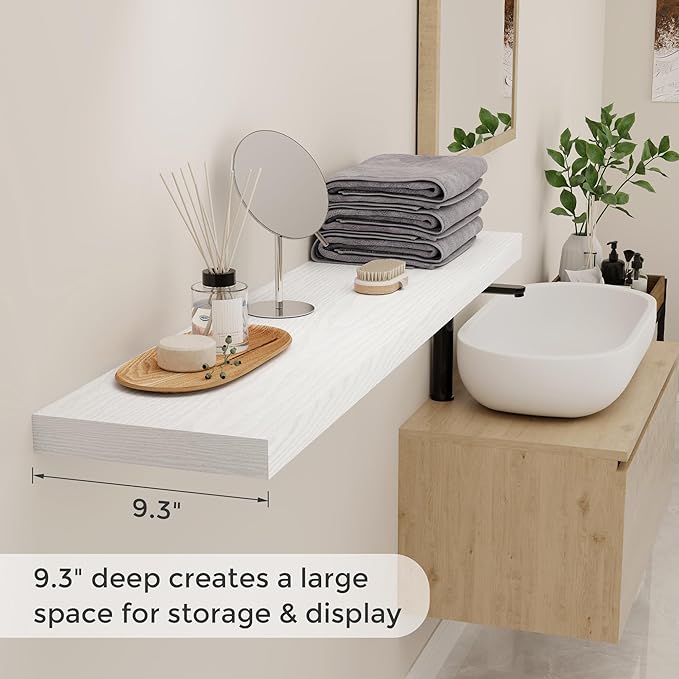 48 Inch Floating Shelves White, Rustic Wood Floating Shelf Wall Mounted, 9 Inch Deep Floating Shelf for Kitchen, Bedroom, 48 x 9 Wall Shelves for Home Storage, Set of 1-Ruum Studio Home