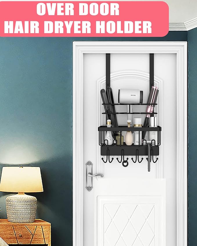 REFLYING Over-the-Door Hairdryer and Styling Tool Organizer, Metal, Black, 3 Compartments, 8 Hooks, 15"H x 10"W x 4.7"D-Ruum Studio Home