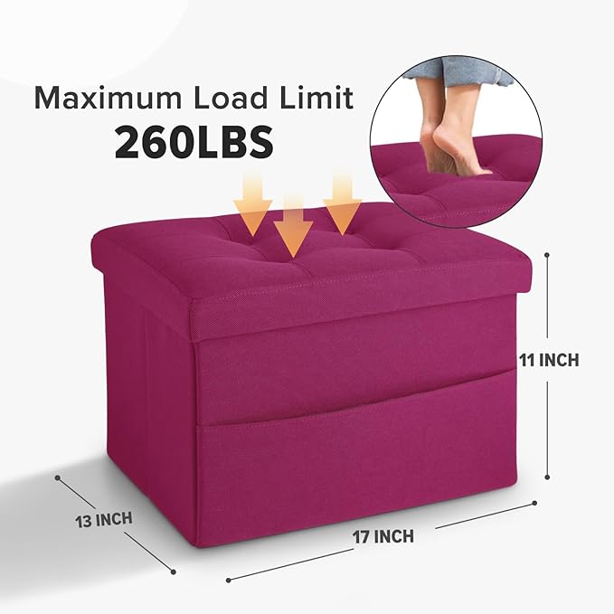 LINMAGCO Storage Ottoman Folding Foot Stool Foot Rest with Side Pocket Modern Ottoman with Storage Short Sofa Stool Linen Cloth 17x13x13(ROSEO)-Ruum Studio Home