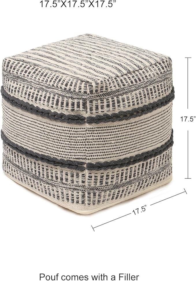 REDEARTH · Tufted Pouf Ottoman with Filler Textured Storage Cube Bean Bag Pouffe Footrest for Living Room, Bedroom, Nursery, Kidsroom; 100% Cotton (17.5"X17.5"X17.5", Chevron Gage)-Ruum Studio Home