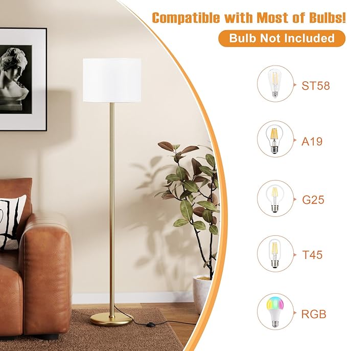 Ambimall 60'' Modern Floor Lamp with Shade, Tall Lamps for Living Room, Bedroom, Office, Dining Room, White Shade with Gold Pole(Without Bulb)-Ruum Studio Home