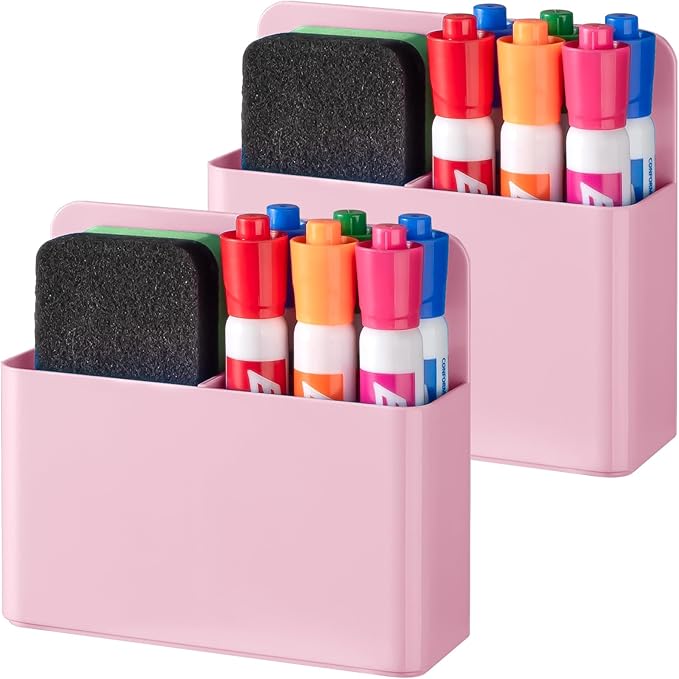 BEYGORM 2 Pack Plastics Magnetic Pen Holder for Refrigerator, Dry Erase Marker Holder for Whiteboard，Magnet School Locker Organizer Accessories, Pencil Cup, Pen Caddy, Classroom Organization(Pink)-Ruum Studio Home