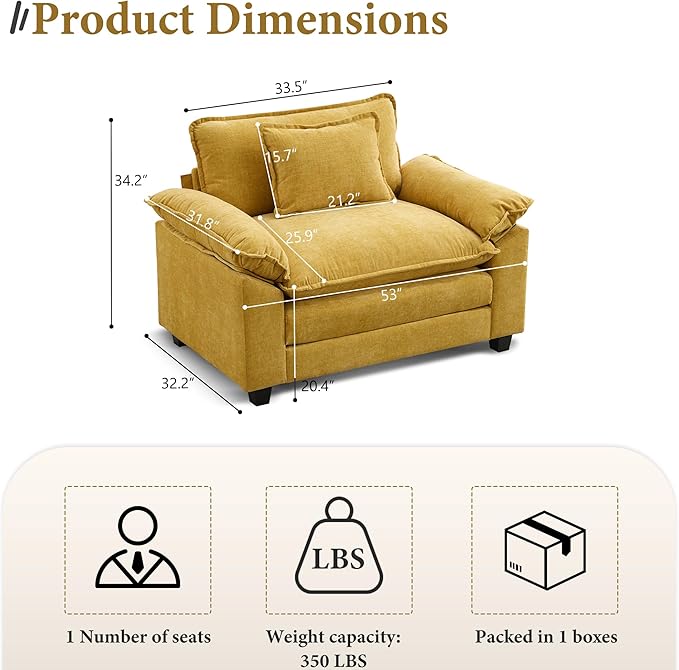 URRED Modular Sectional Sofa Comfy Cloud Couch, Modern Chenille Sofa Sleeper Deep Seat Couches with Ottoman/Pillows for Living Room (Yellow, 53'')-Ruum Studio Home