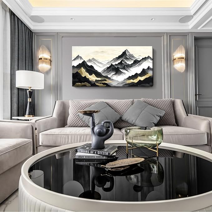 amatop Large Abstract Mountain Wall Art for Living Room Office Bedroom Modern Landscape Canvas Art Print Inspirational Artwork Horizontal Black Gold and White Nature Picture Wall Decor 48x24 Inch-Ruum Studio Home