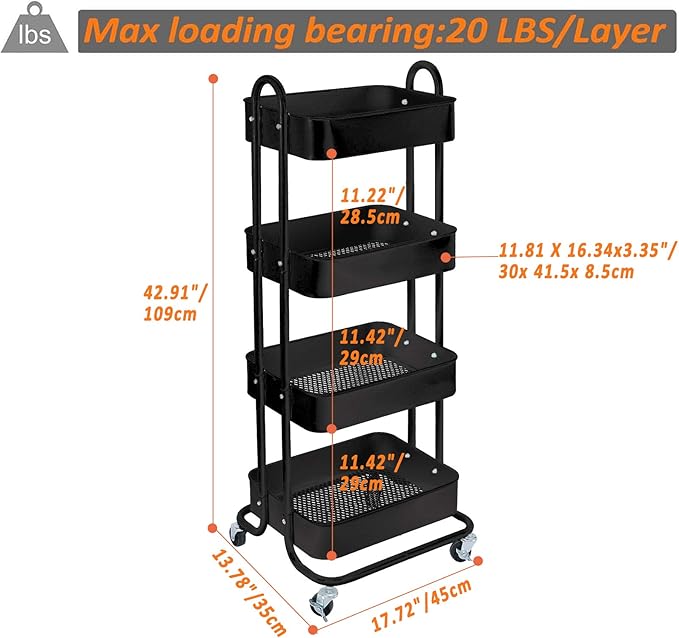 4-Tier Metal Mesh Utility Rolling Cart Storage Organizer Shelf Rack with Lockable Wheels for Living Room Kitchen Office, Black-Ruum Studio Home