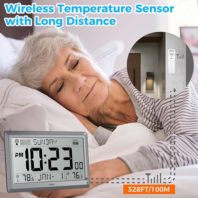 Wall Clock Atomic with Indoor Outdoor Temperature Battery Powered, Easy Reading with 10.5 Inch Large LCD Display, 330FT Range Table Wall Clock With DST, 12/24 Hour for Living Room Kitchen (Silver)-Ruum Studio Home