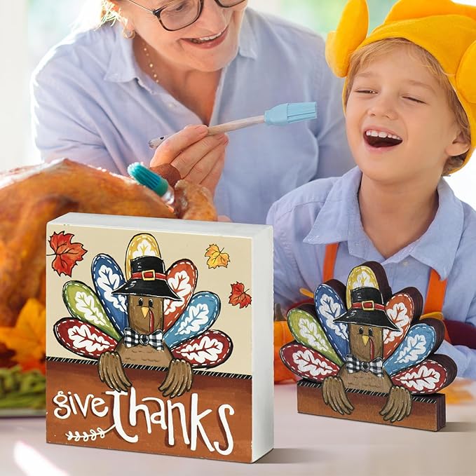 Smile Thanksgiving Wooden Decor Indoor, Turkey Decor Give Thanks Box Sign, Thanksgiving Table Tiered Tray Kitchen Decorations-Ruum Studio Home